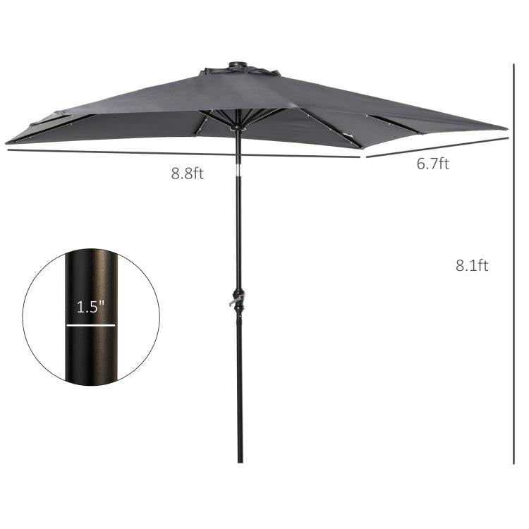 Gray solar LED patio umbrella with size markings and 1.5 in pole detail