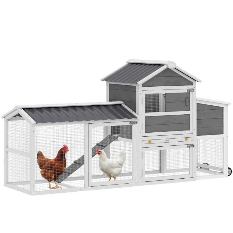 Mobile wooden chicken coop with enclosed run, gray roof and nesting box