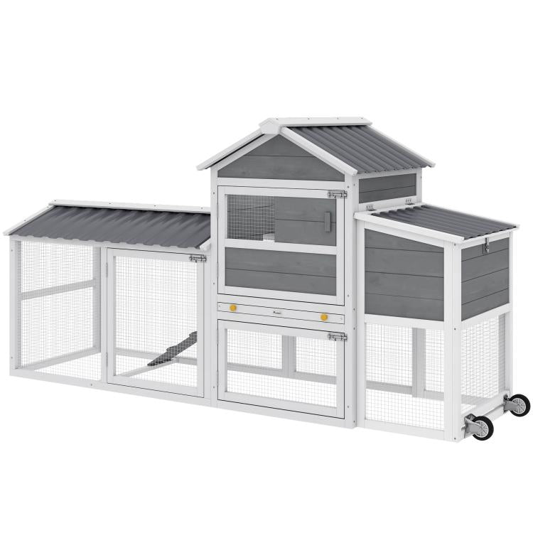 Gray-and-white mobile chicken coop with front access door and mesh run