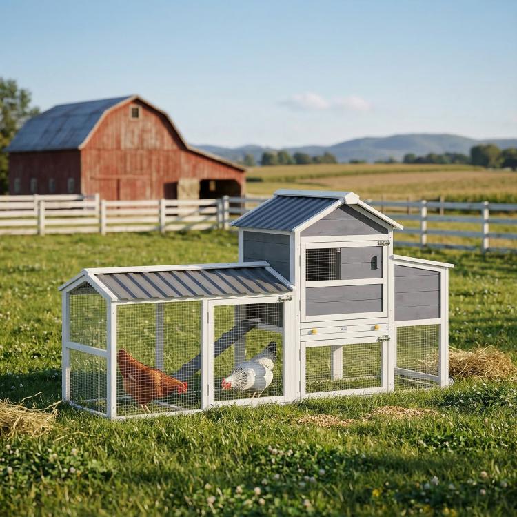 Outdoor mobile chicken coop with wire-mesh run and slanted roof in yard