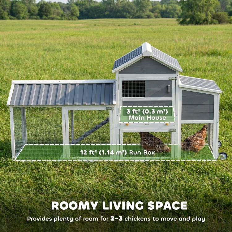 Outdoor mobile chicken coop with run box and main house with nesting area