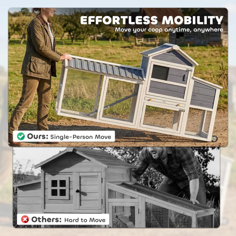 Mobile chicken coop with wire-mesh run and roof, shown being moved by person