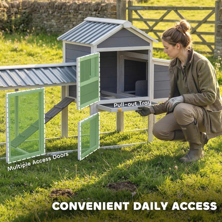 Chicken coop with side access doors and pull-out tray feature