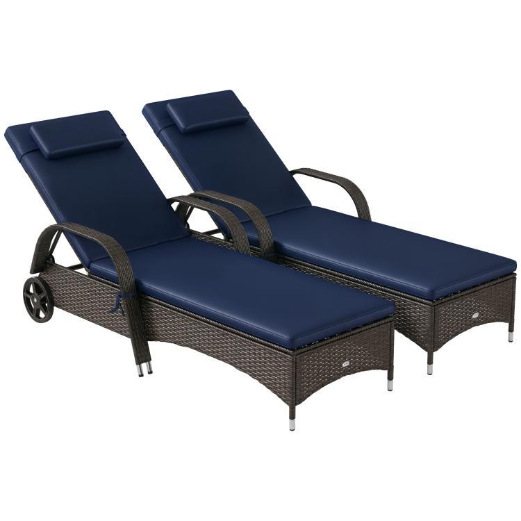 Set of 2 reclining chaise lounge chairs with dark woven frame, blue cushions, and wheels