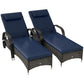 Pair of rolling chaise lounge chairs with dark wicker-style frames and blue reclining cushions