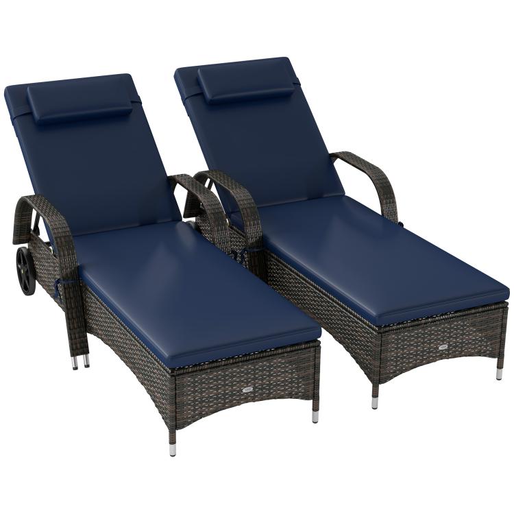 Pair of rolling chaise lounge chairs with dark wicker-style frames and blue reclining cushions