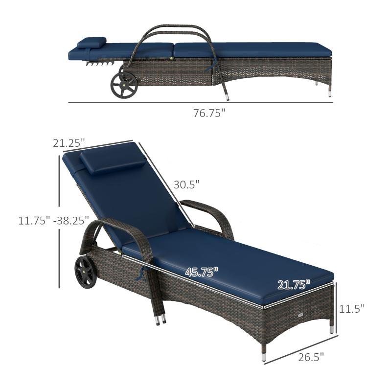 Reclining chaise lounge chair with dark woven frame, blue cushion, headrest, and rolling wheels