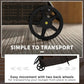Rolling wheel on a dark woven outdoor chaise lounge frame