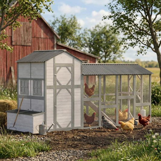 Outdoor gray wooden chicken coop with covered run and small nesting house, chickens