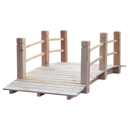 Natural wood garden bridge with curved railings and plank walking deck
