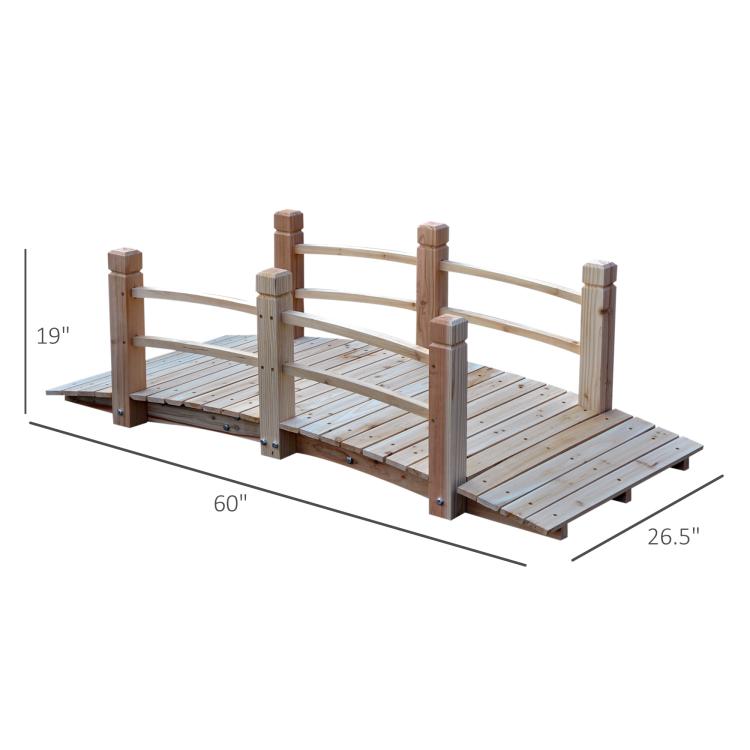 Wooden garden footbridge with railings, 5 ft deck