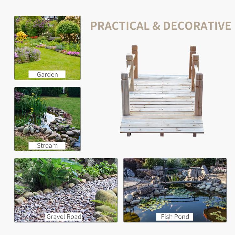Decorative wooden garden bridge with fenced railings and plank deck