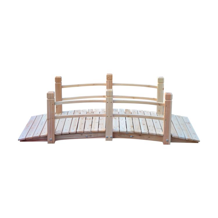Wooden garden bridge with curved railings and central walkway deck