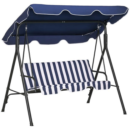 Dark blue 3-seat patio swing chair with striped seat cushion and adjustable canopy