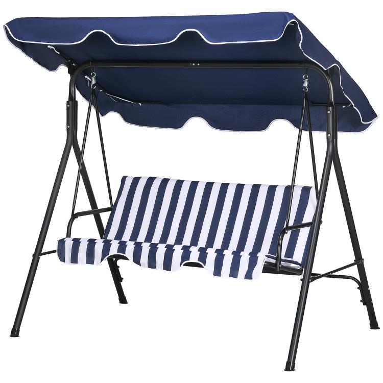 3-seat patio swing chair in dark blue with striped cushion and side-hung canopy