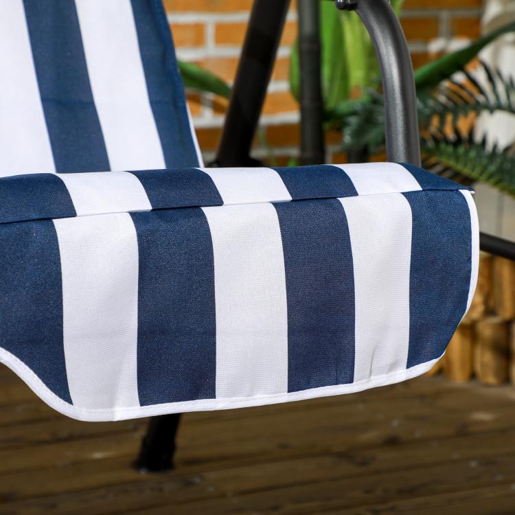 Outdoor swing chair cushion with dark blue and white vertical stripes