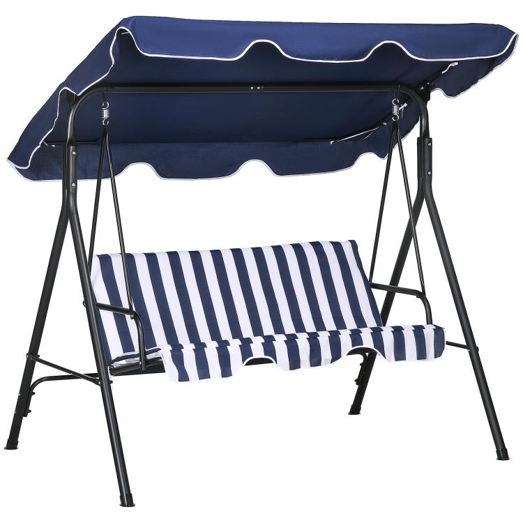 3-seat patio swing chair with dark blue canopy and striped seat cushions