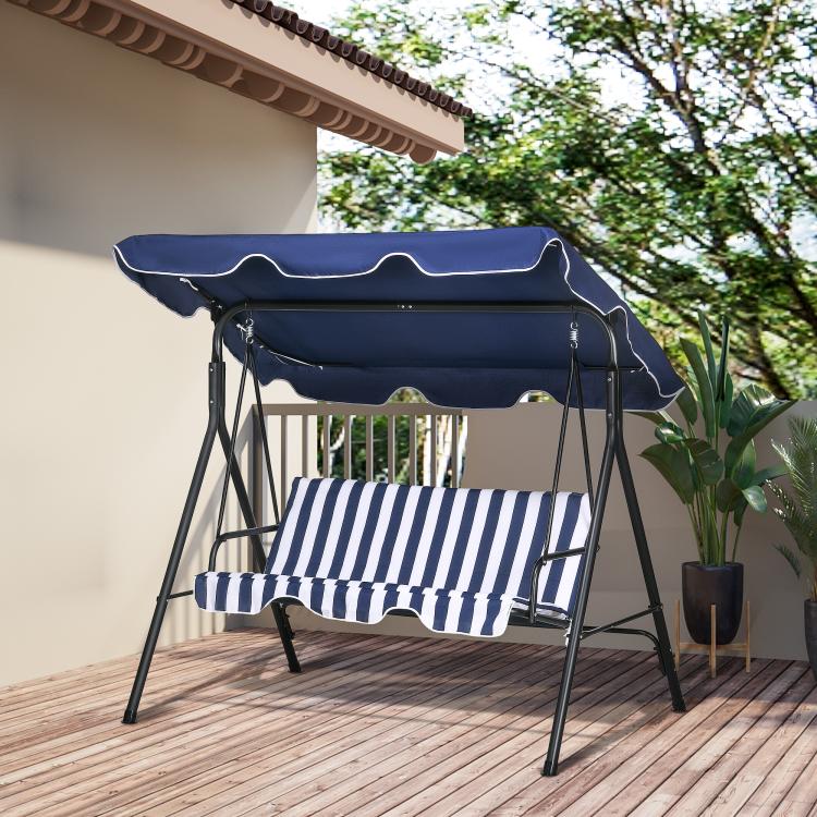 Dark blue patio swing chair with striped seat cushion and padded canopy cover