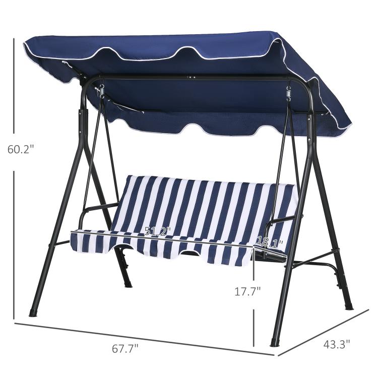 3-seat patio swing chair with striped cushion and dark blue canopy, steel stand frame