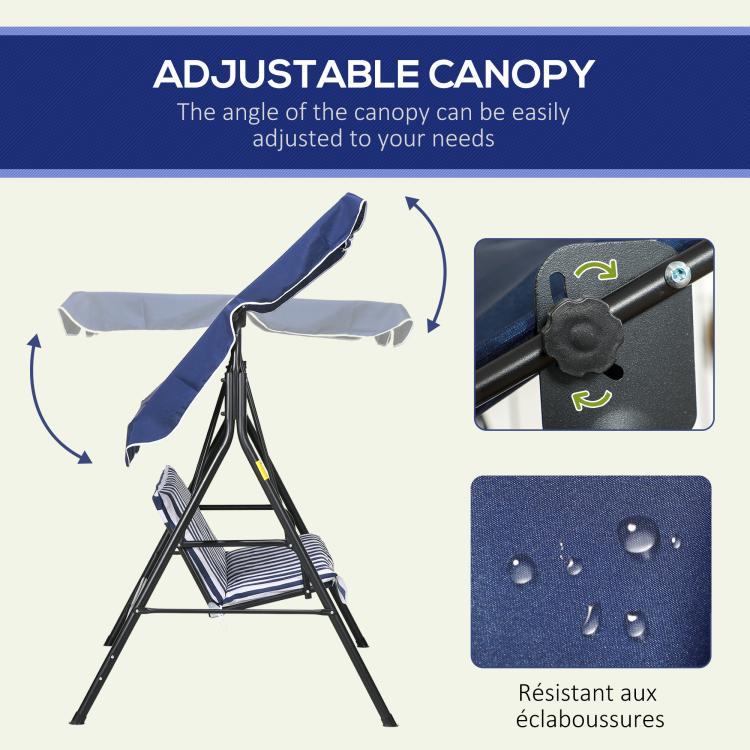 Adjustable canopy patio swing chair in dark blue with striped seat cushions