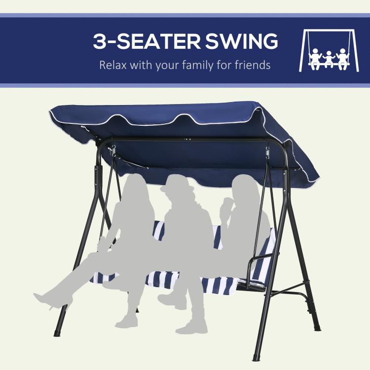 Dark blue 3-seat swing bench with striped seat cushion and arched canopy