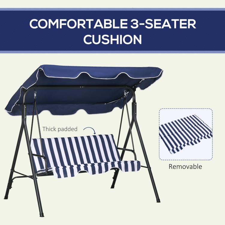 Comfortable 3-seat swing cushion set: thick padded seat with dark-blue striped cover