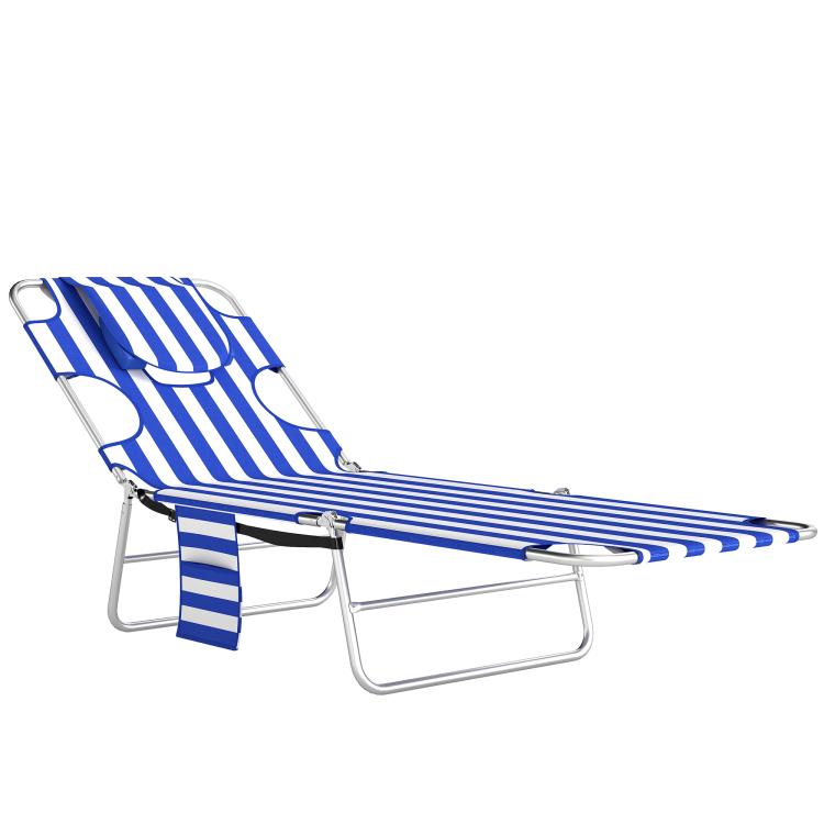 Striped blue adjustable chaise lounge chair with pillow, face-hole headrest