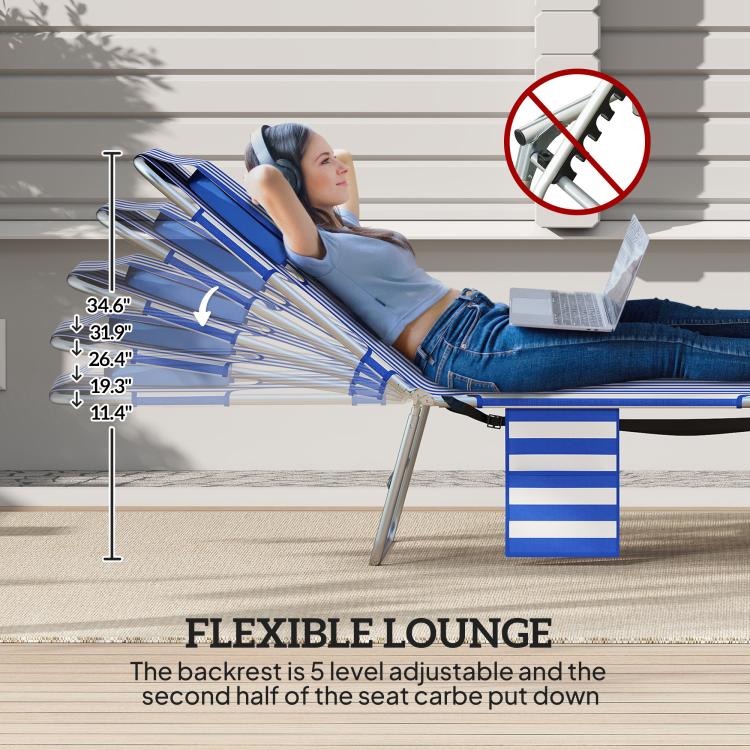 Blue striped recliner lounge chair with face opening and adjustable back, person reclining