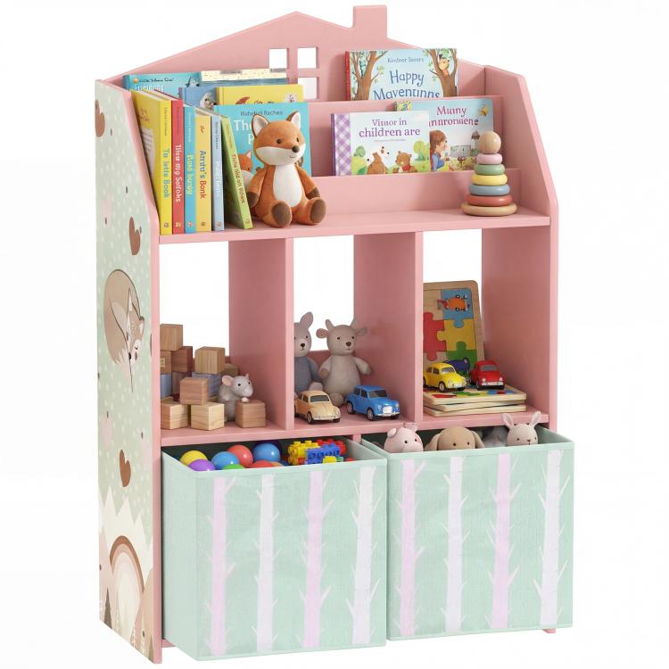 Kids pink bookshelf with open shelves and two fabric storage drawers for toys and books