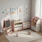 Pink kids bookshelf with open cubbies and fabric storage drawers for books & toys