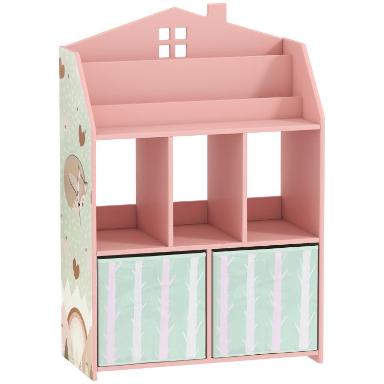 Pink bookshelf with open cubbies above two fabric drawers with mint patterned fronts