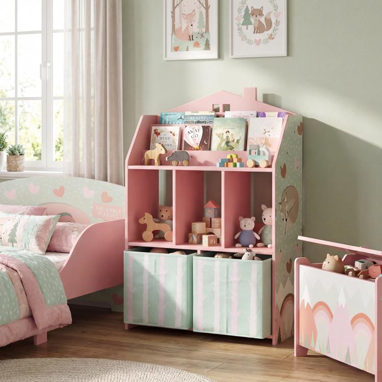 Pink kids bookcase storage with open shelves and fabric drawer bins