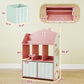 Pink kids bookshelf with fabric drawers, shown with size measurements