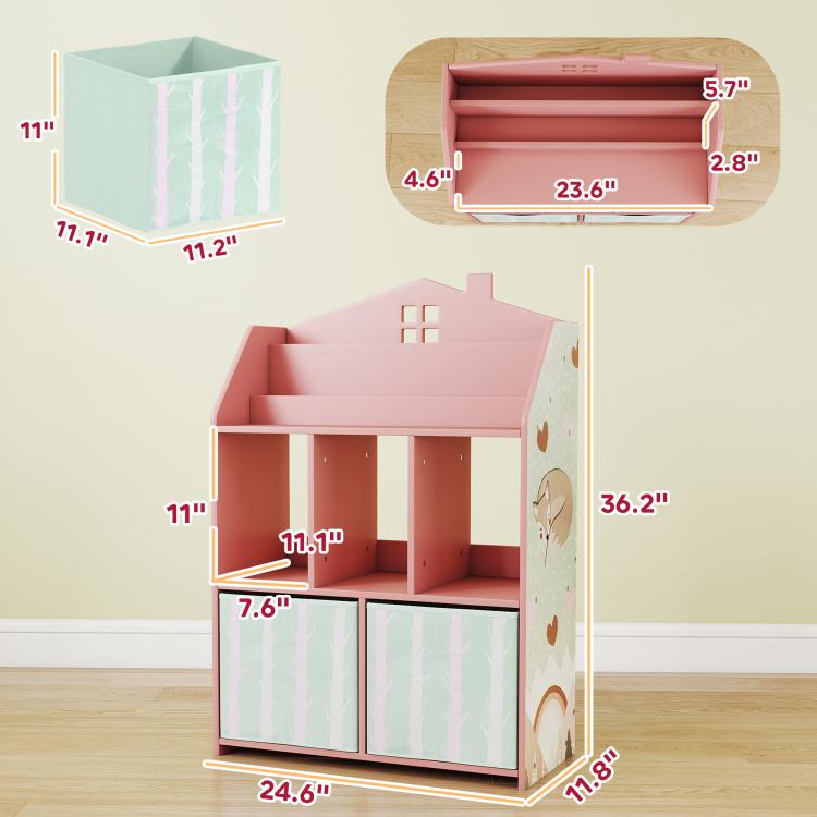 Pink kids bookshelf with fabric drawers, shown with size measurements