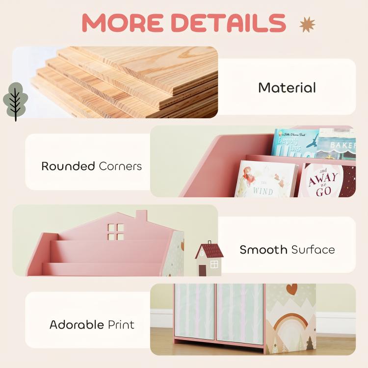 Pink kids bookshelf storage unit with rounded corners and smooth surface