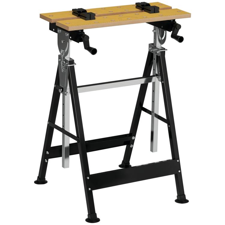 Adjustable workbench stand with yellow clamping board, four black clamp blocks, steel frame
