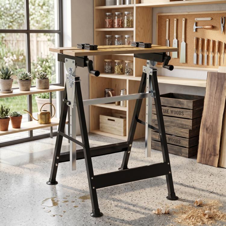 Adjustable work bench stand with black steel legs, wooden top, four clamp heads