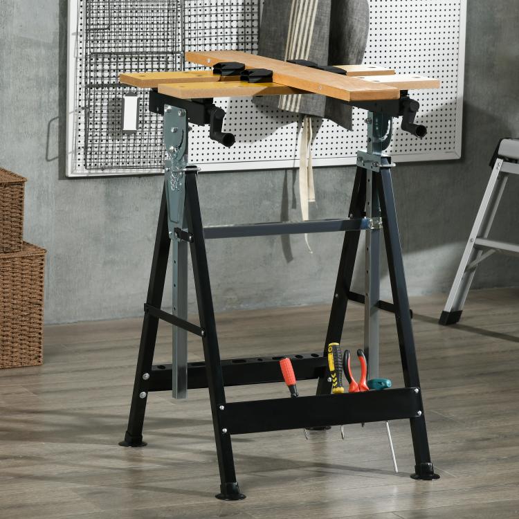 Adjustable saw table stand with yellow work surface and four black clamps, black and silver legs