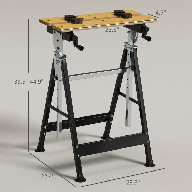 Workbench stand with yellow top and four clamp blocks, height-adjust legs and support braces
