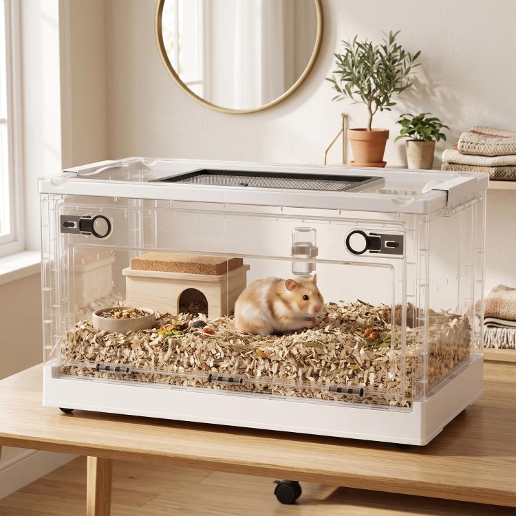 Clear ventilated small animal cage with front door and mesh top, terrarium-style interior.