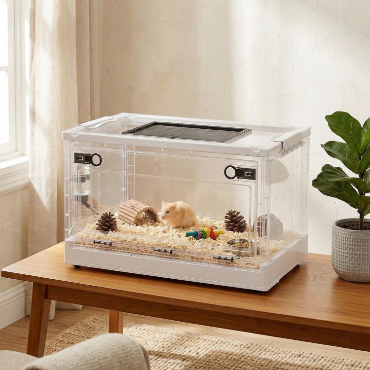 Transparent hamster cage with top vent and front doors on a wooden table