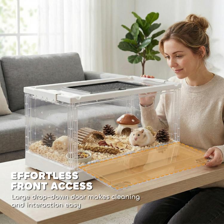 Clear small animal habitat with front drop-down door and top mesh ventilation