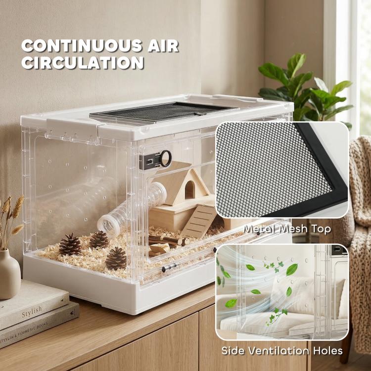 Transparent cage with mesh top panel and side ventilation holes for airflow