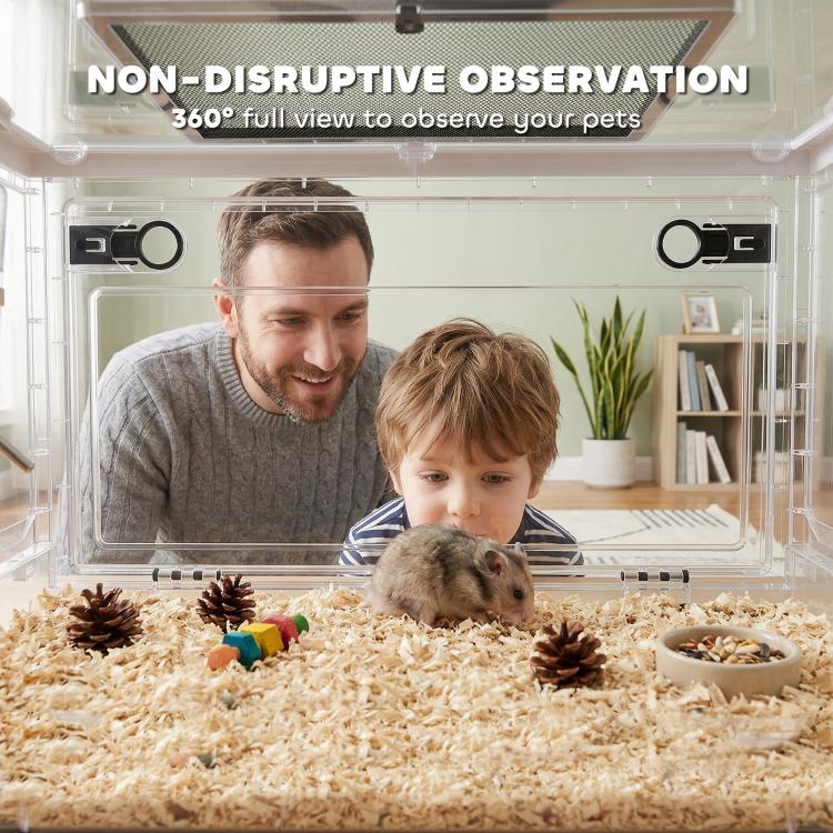 Transparent 360-view style hamster cage with front opening window and mesh top
