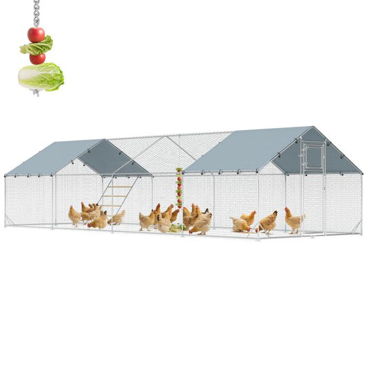 Large metal chicken run with roof cover and front access door, shown with chickens