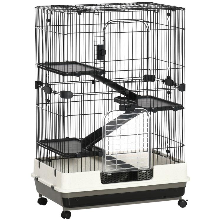 Black wire small animal cage hutch with 3 ramps, front door, and rolling wheels