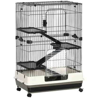 Black wire small animal cage hutch with 3 ramps, front door, and rolling wheels