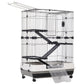 Black wire rabbit hutch with tiered ramps, two doors, and rolling base on wheels
