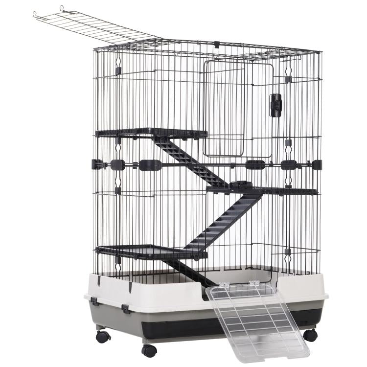 Black wire rabbit hutch with tiered ramps, two doors, and rolling base on wheels