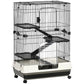 Black wire small animal cage with slide tray, multi-level ramp, and wheeled base